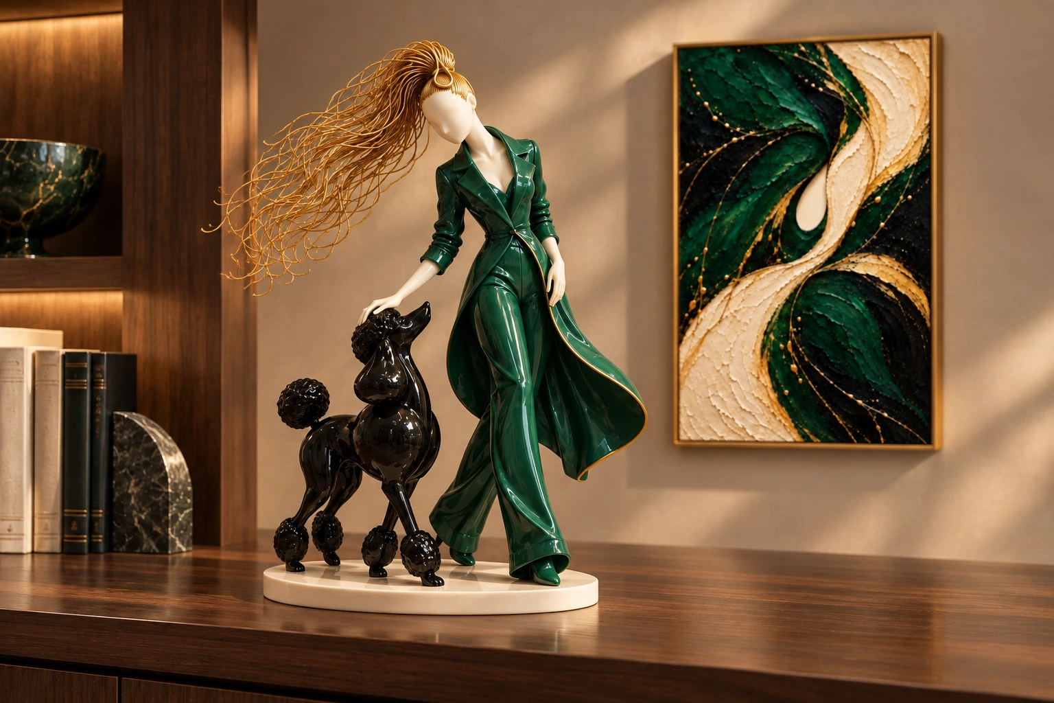 Emerald green — woman and black poodle porcelain sculpture close-up