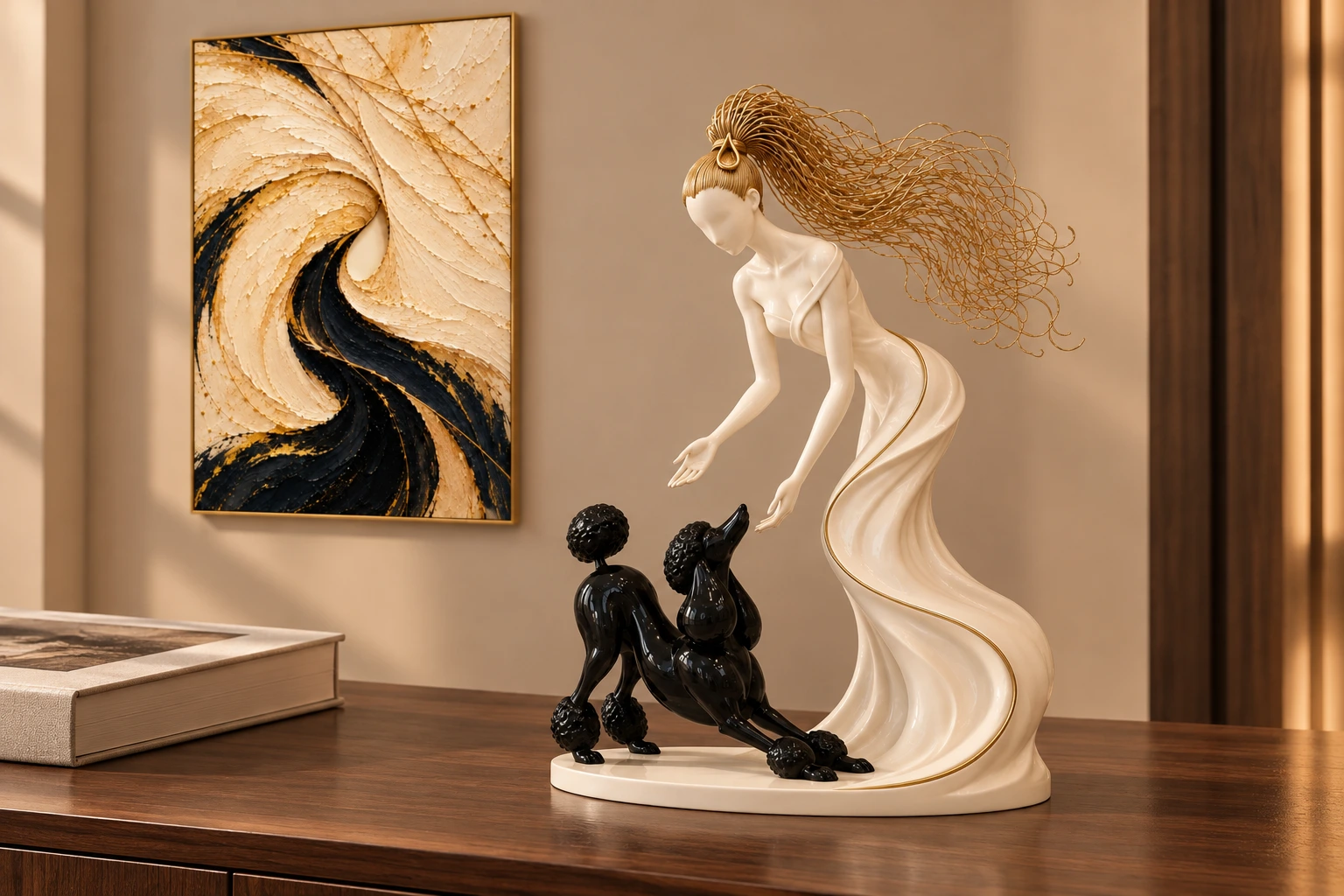 Ivory and gold — woman and black poodle porcelain sculpture close-up