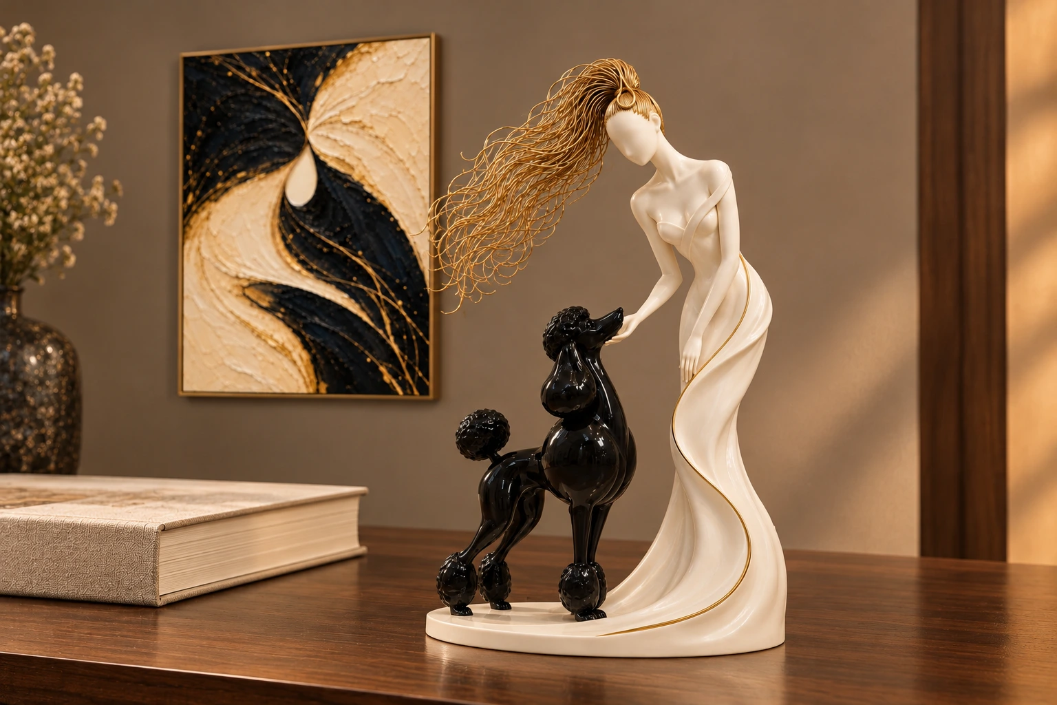 Black and ivory — woman and black poodle porcelain sculpture close-up