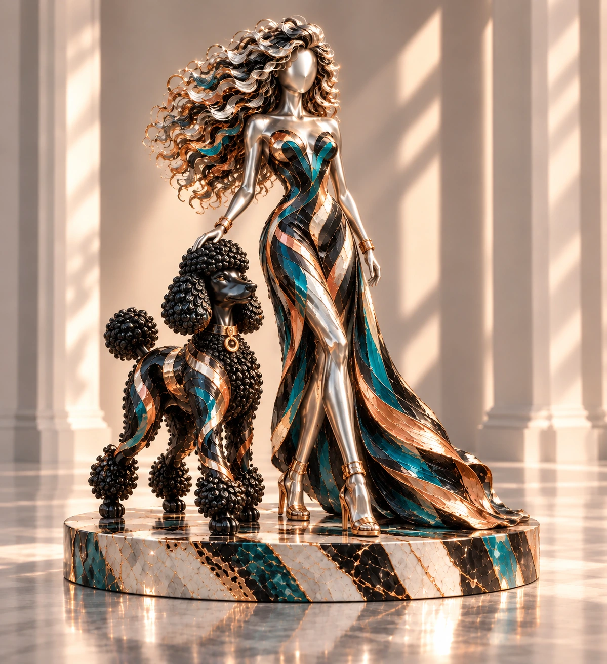 AFTERFORM sculpture concept: silver woman and black poodle on a shared pedestal