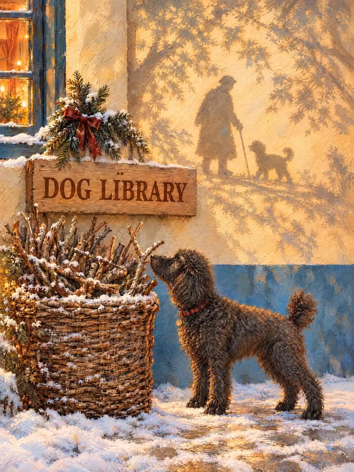 Bodri at the DOG LIBRARY, with the memory of his owner on the wall.