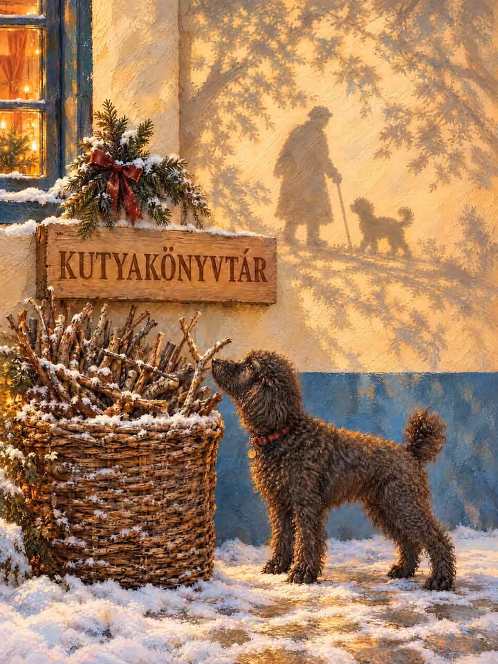 Bodri a KUTYAKÖNYVTÁR előtt, a falon régi gazdája emlékével.