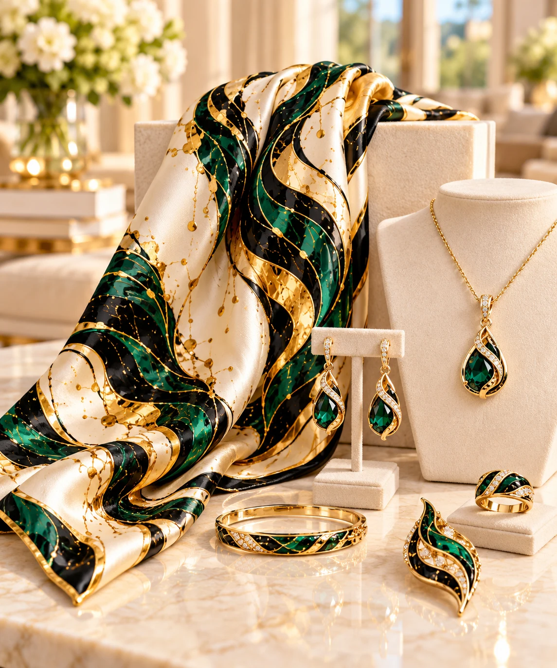 Silk scarf and jewelry