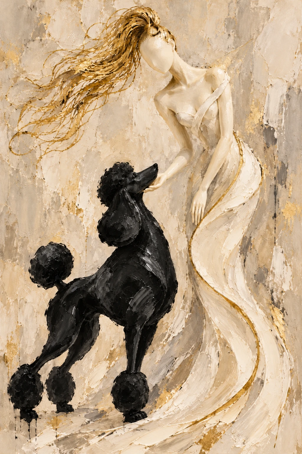 Ivory & gold · Woman and poodle · abstract painting