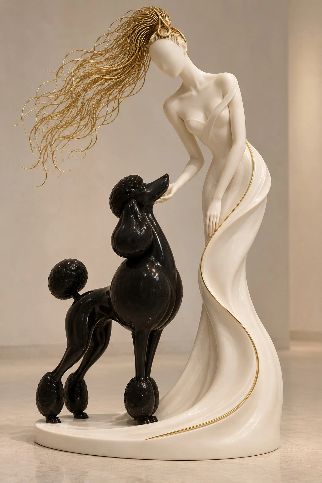 Ivory & gold · Woman and poodle · sculptural concept