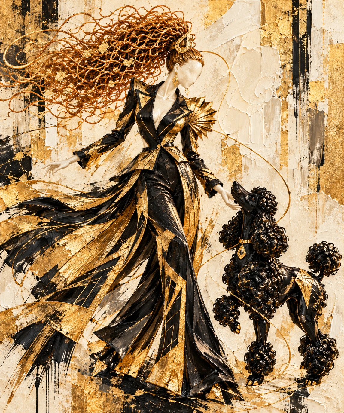 Black & gold · Woman and poodle · abstract painting