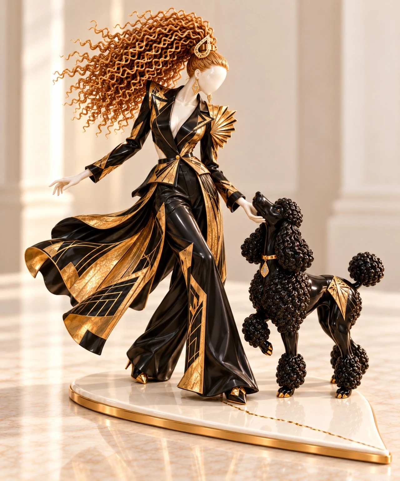 Black & gold · Woman and poodle · sculptural concept