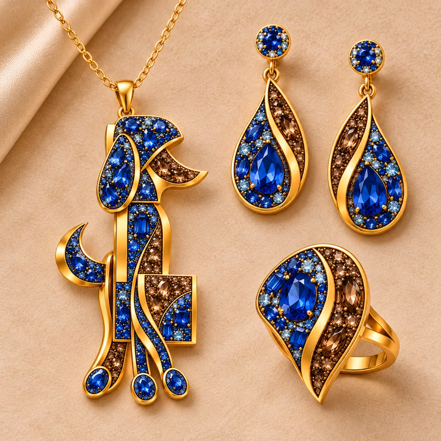 Jewellery Collection — Golden Contours, Small and Large Crystals — Digital visual concept