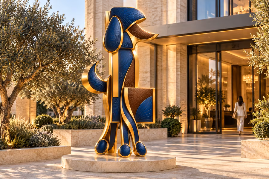 At the Hotel Entrance — Outdoor Sculpture Concept — Digital visual concept
